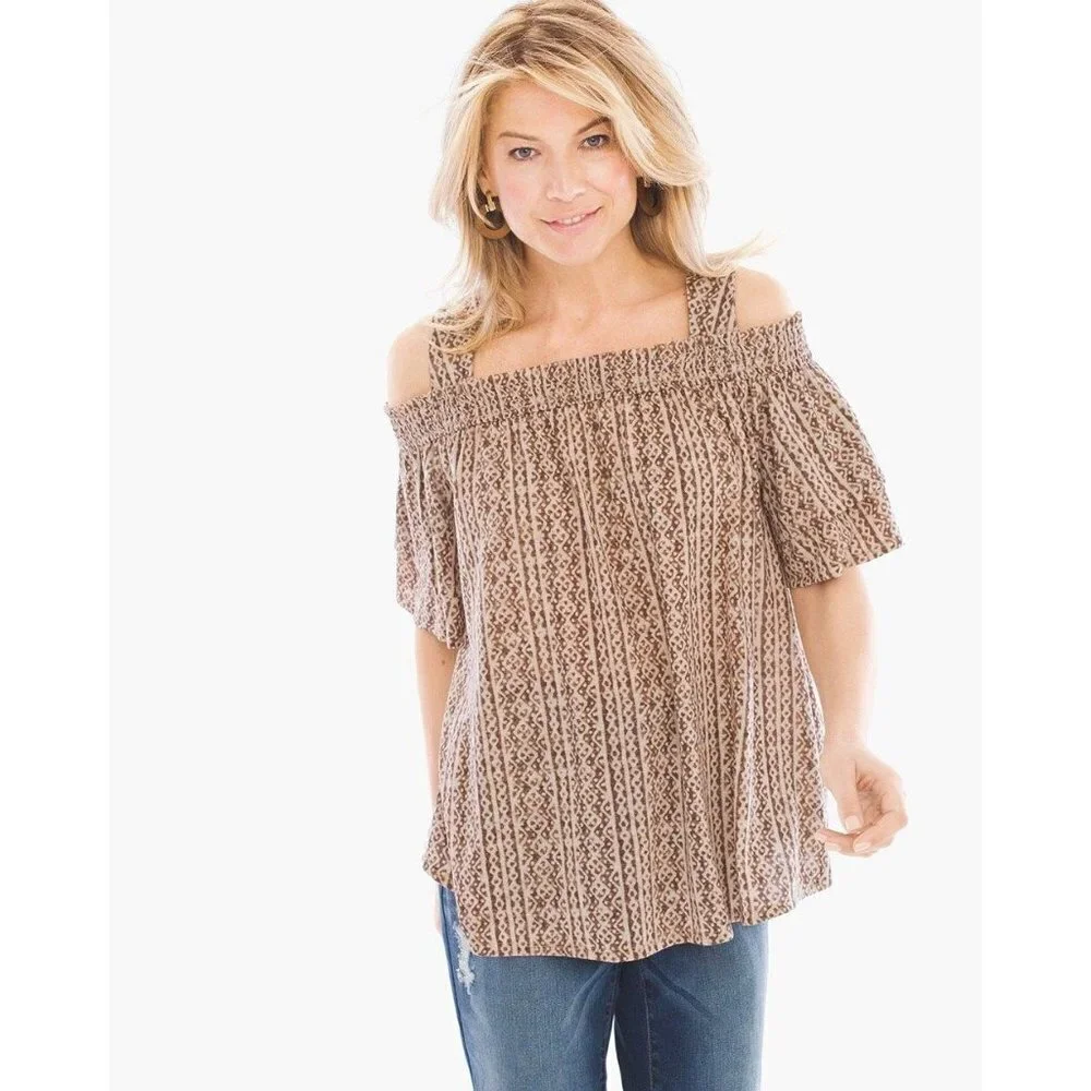 Chico's Size 2 Tribal Swirls Cold-Shoulder Top L 12 - Picture 12 of 12
